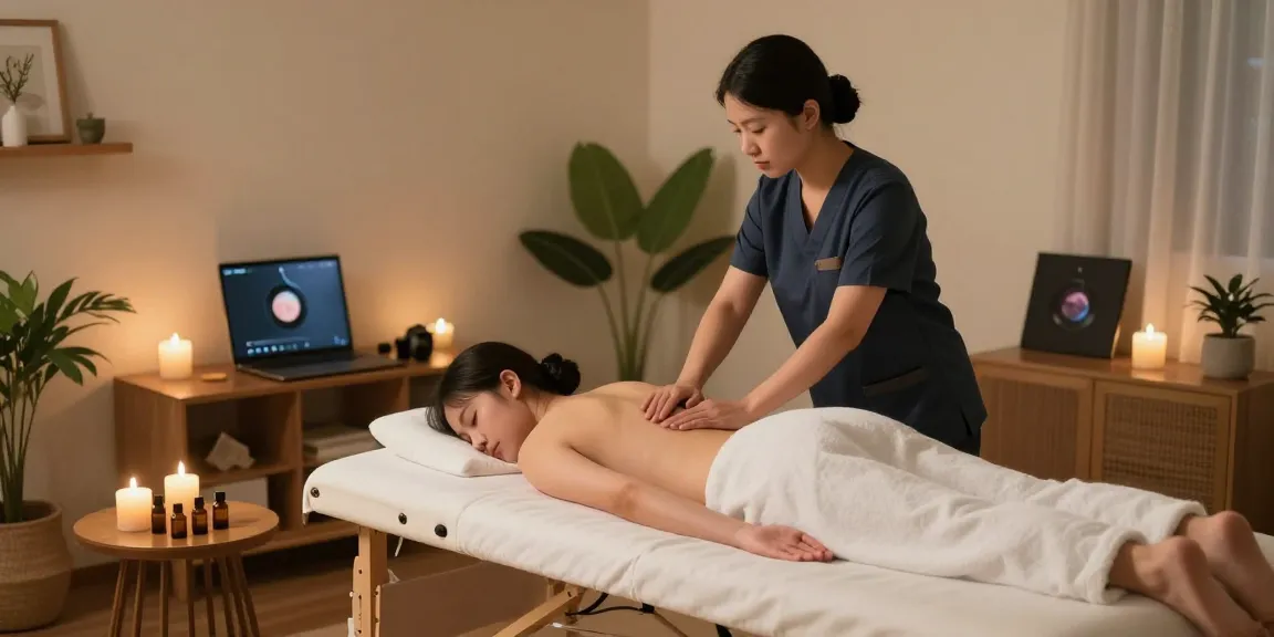 출장안마 services in a peaceful home massage setting with essential oils and calming decor.