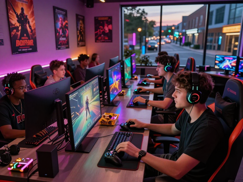 Engaged players enjoying sex game in a vibrant gaming lounge.
