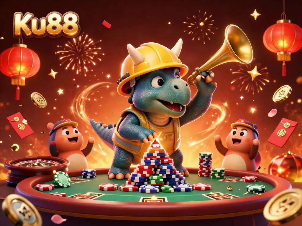 Engaging scene of Ku88's vibrant casino experience featuring lively characters celebrating.