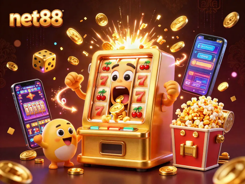 Win big with net88: a cartoon slot machine celebrating its jackpot amidst a vibrant casino scene