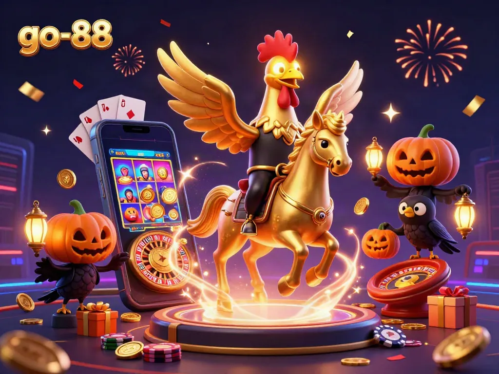 Engage with the thrilling world of go-88 as golden rooster characters and festive elements illuminate the casino scene.
