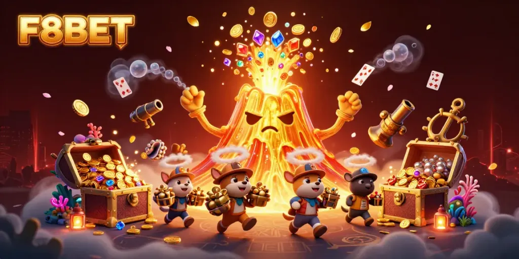 Experience the vibrant world of F8BET with golden treasures and adventurous explorers in a captivating casino scene.