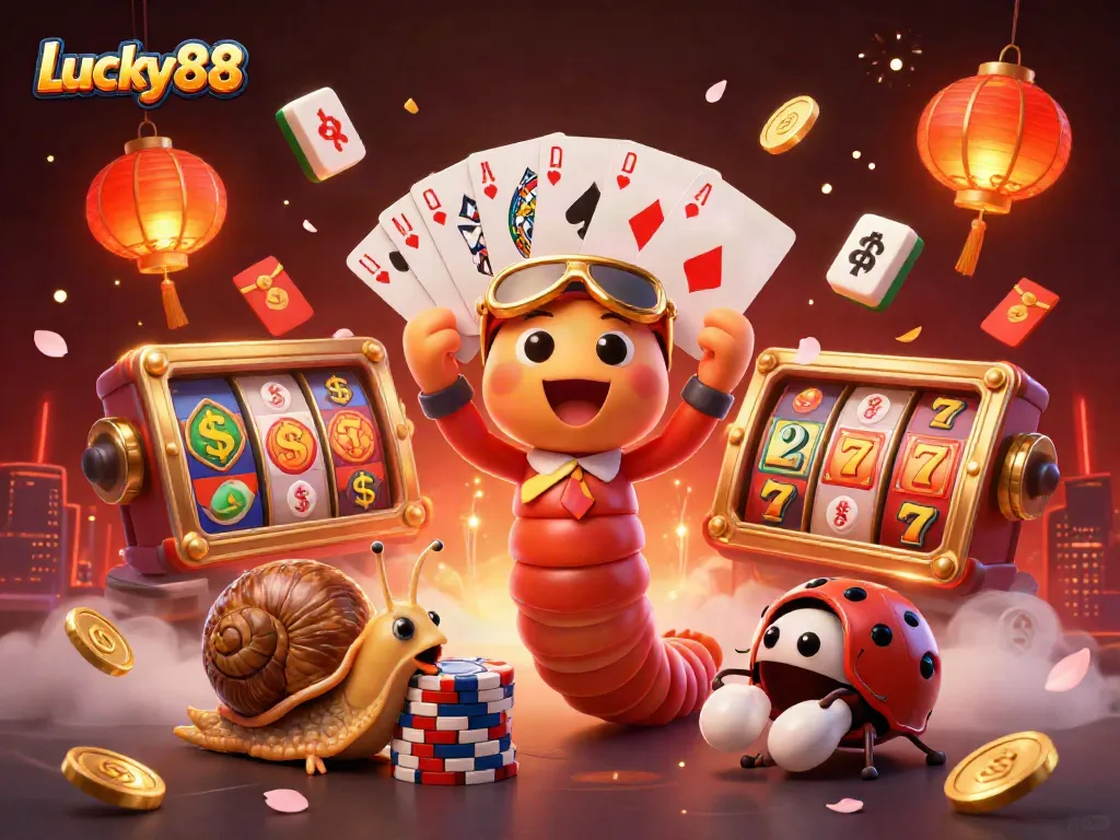 Engage with Lucky88's dynamic casino scene featuring vibrant slot reels and energetic characters.