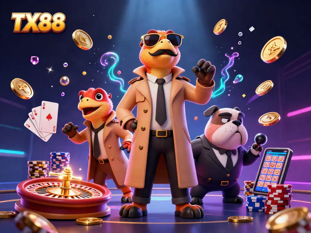 Experience the excitement of TX88 with raptors in a trench coat entering a VIP casino lounge filled with gold coins and sparkling gems.