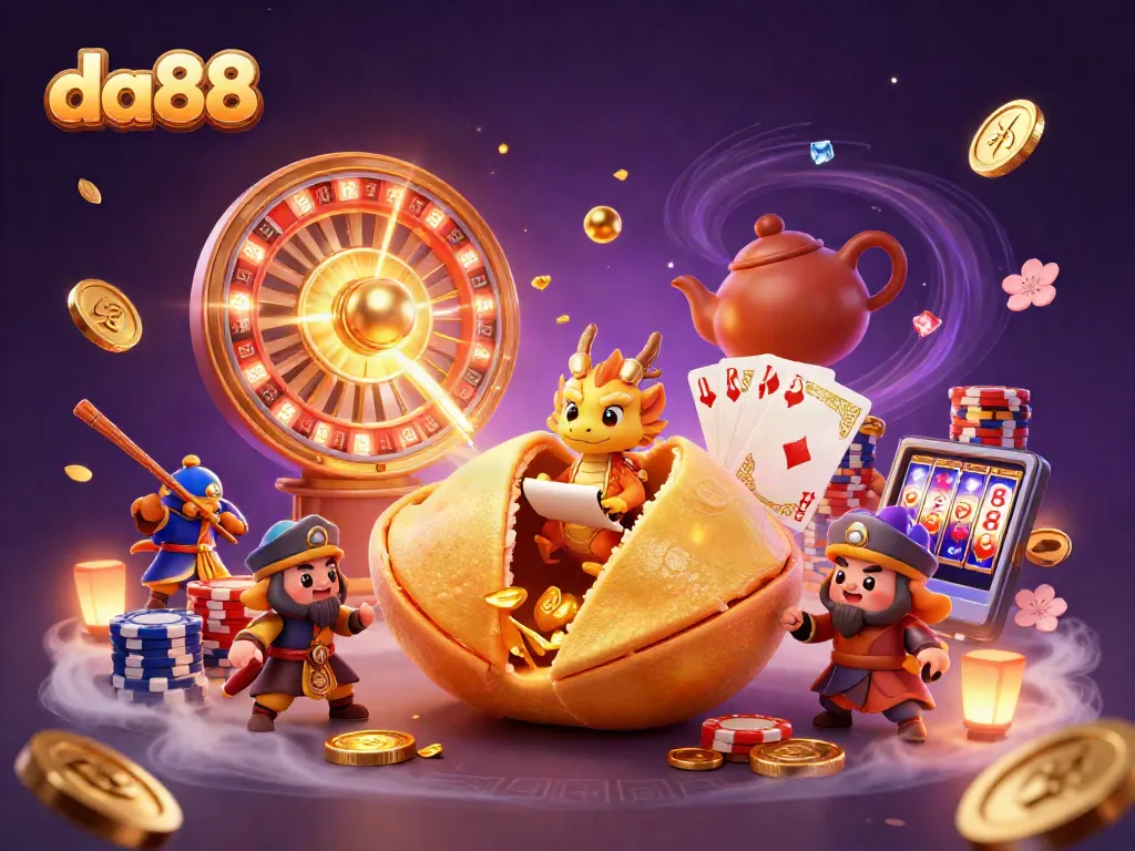 Win big at da88 with an engaging illustration of a golden fortune cookie surrounded by casino elements.