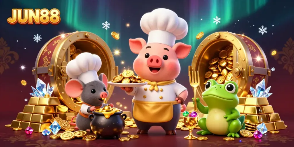 Experience the thrill of JUN88 with an extravagant display of gold coins, jewels, and animated characters in a lively 3D casino scene.