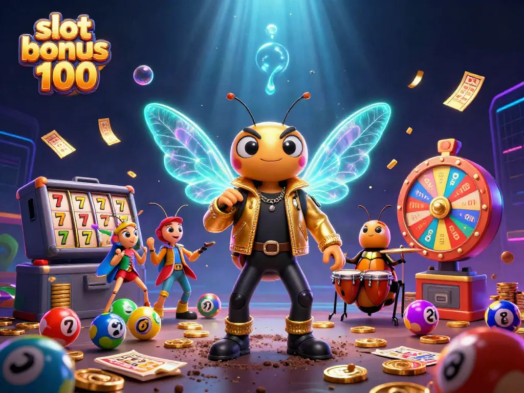 Experience the exciting world of slot games with a vibrant scene featuring a 3D cartoon cicada rock star celebrating "slot bonus 100" amidst colorful game elements.