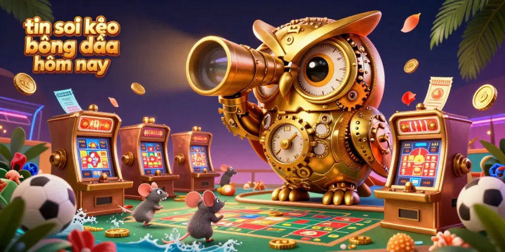 Sweep into the action with tin soi kèo bóng đá hôm nay, showcasing a cartoon owl observing a vibrant sports betting scene.