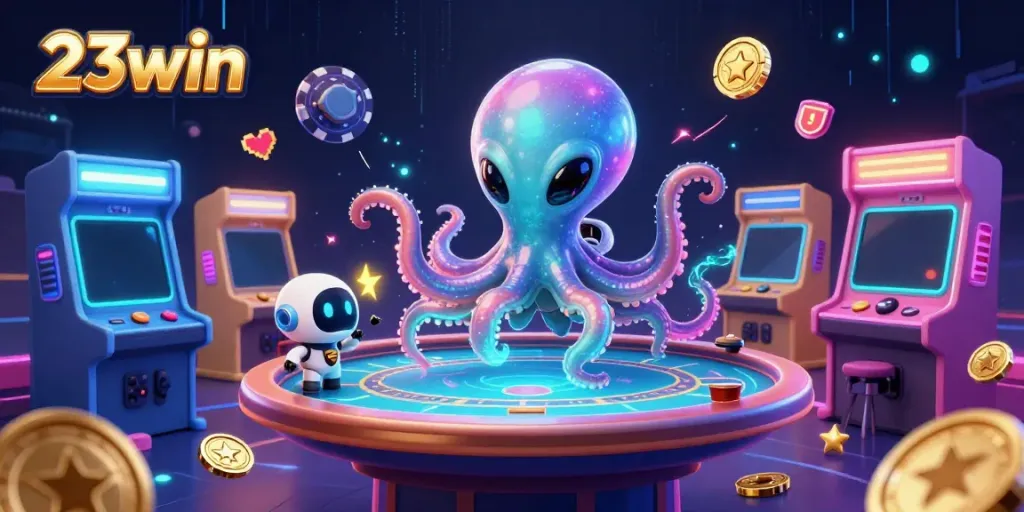 Experience 23win's exciting games with a lively alien octopus dealer at a holographic poker table.