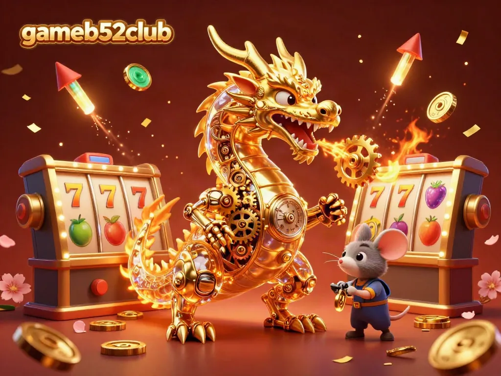Experience the thrilling atmosphere of gameb52club's luxurious casino with a golden dragon and vibrant slot elements.