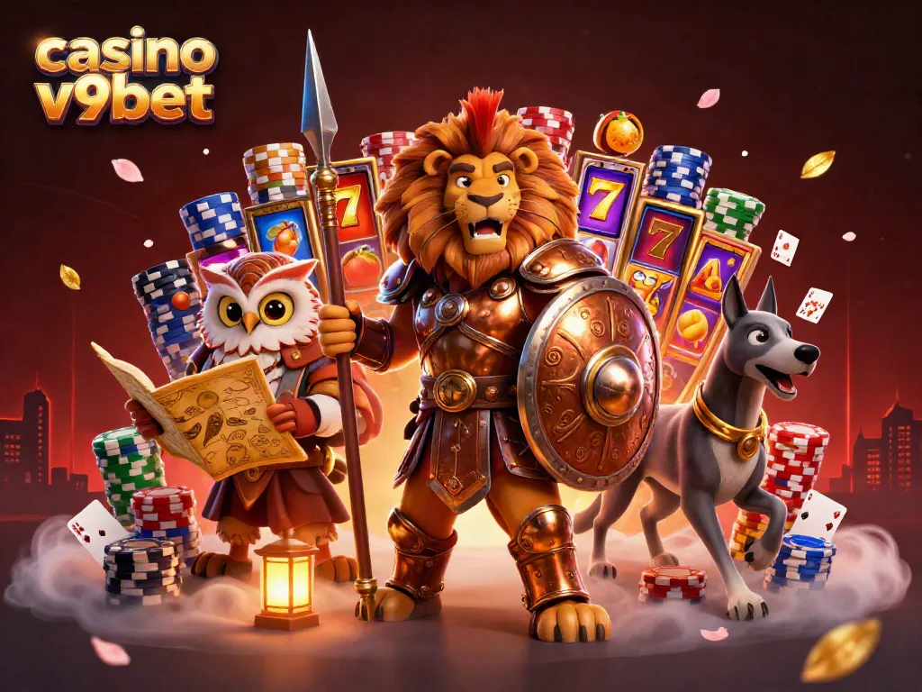 Engage in thrilling casino v9bet action with a vibrant 3D illustration featuring a Spartan lion, owl strategist, and greyhound amidst exciting gaming elements.