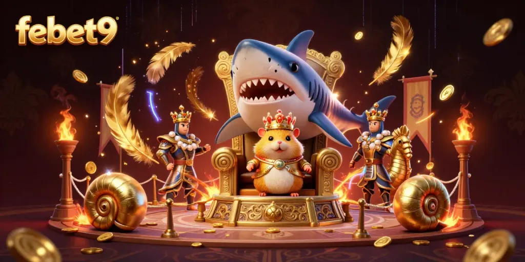 Engage with febet9 at this vibrant, energetic casino scene featuring a golden hamster king in an underwater throne.