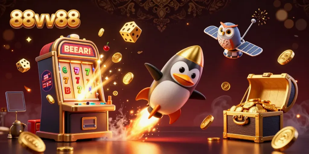 Engage with 88vv88's vibrant 3D illustration featuring a penguin and casino elements bursting with winnings.