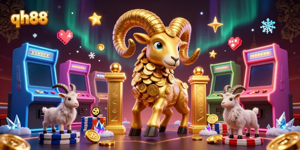 Experience qh88's thrilling casino adventure with a dynamic golden ram charging through a colorful gaming scene.