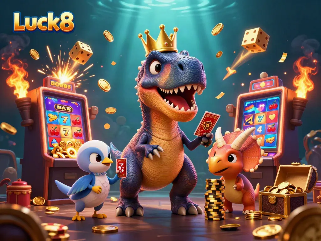 Luck8 brings excitement to the table as a T-Rex shuffles cards with help from a pterodactyl and baby triceratops stacks winnings.