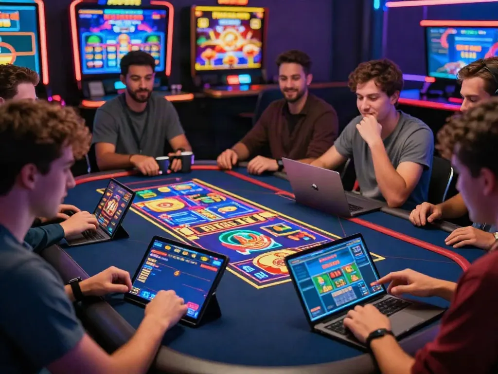 Excited players enjoying bonus buy slots at https://stargazyinn.co.uk in a vibrant online casino atmosphere.