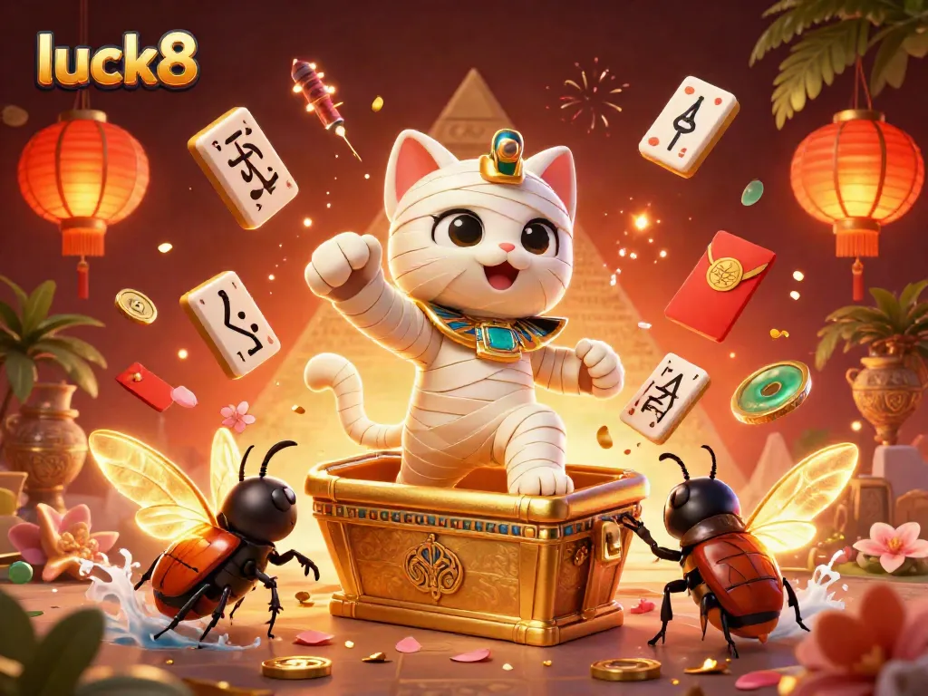 Explore exciting gaming experiences with luck8 in a vibrant casino scene featuring a mummy cat and treasures.