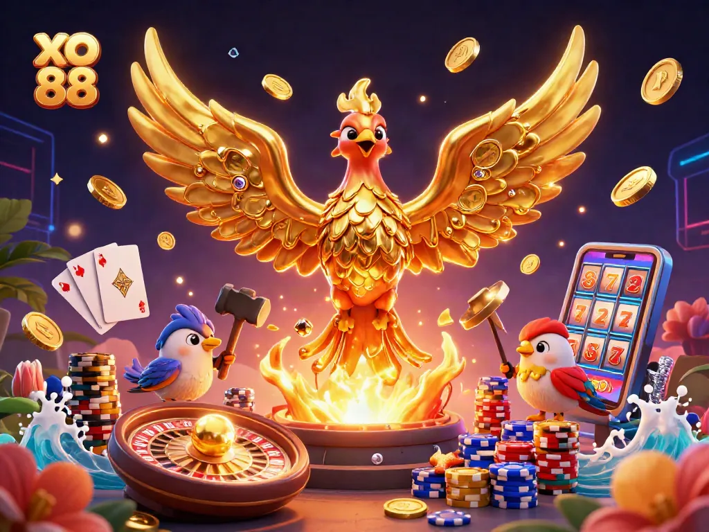 Engage with xo 88's immersive casino experience featuring golden phoenix and vibrant gaming elements.
