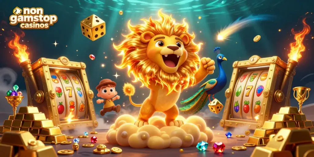 Win big at non gamstop casinos with 3D illustration of vibrant casino elements and joyful characters.