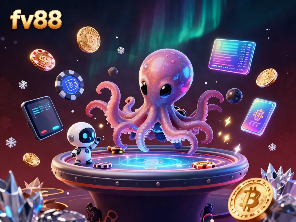 Experience thrilling poker action with fv88's alien octopus dealer at a holographic table amidst crypto coins.