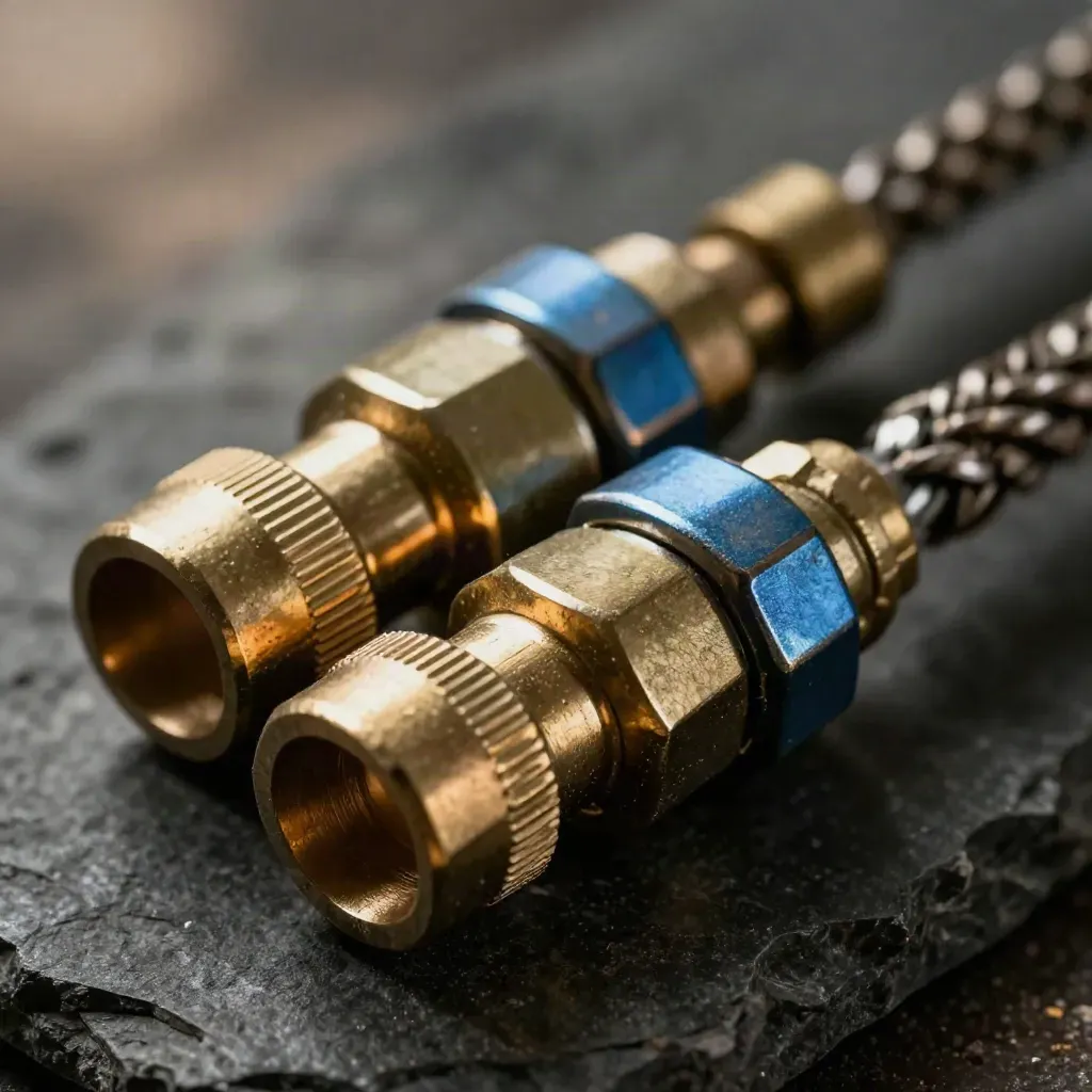Macro brass couplers and braided lead on black stone with a subtle blue accent.