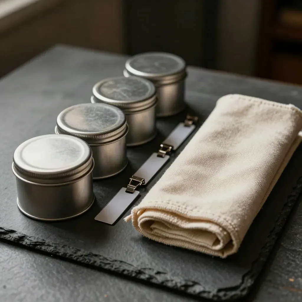 Machined storage tins and a folded canvas tool wrap on brushed slate in soft low-key light.