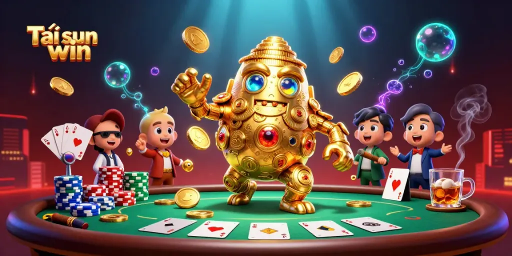 Experience Tải sun win through a vibrant 3D casino scene featuring a golden golem and poker elements.
