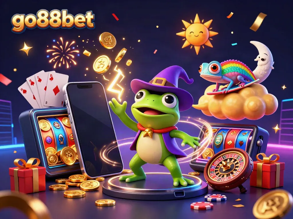 Experience excitement with go88bet as a magic frog summons coins amidst a vibrant casino scene.