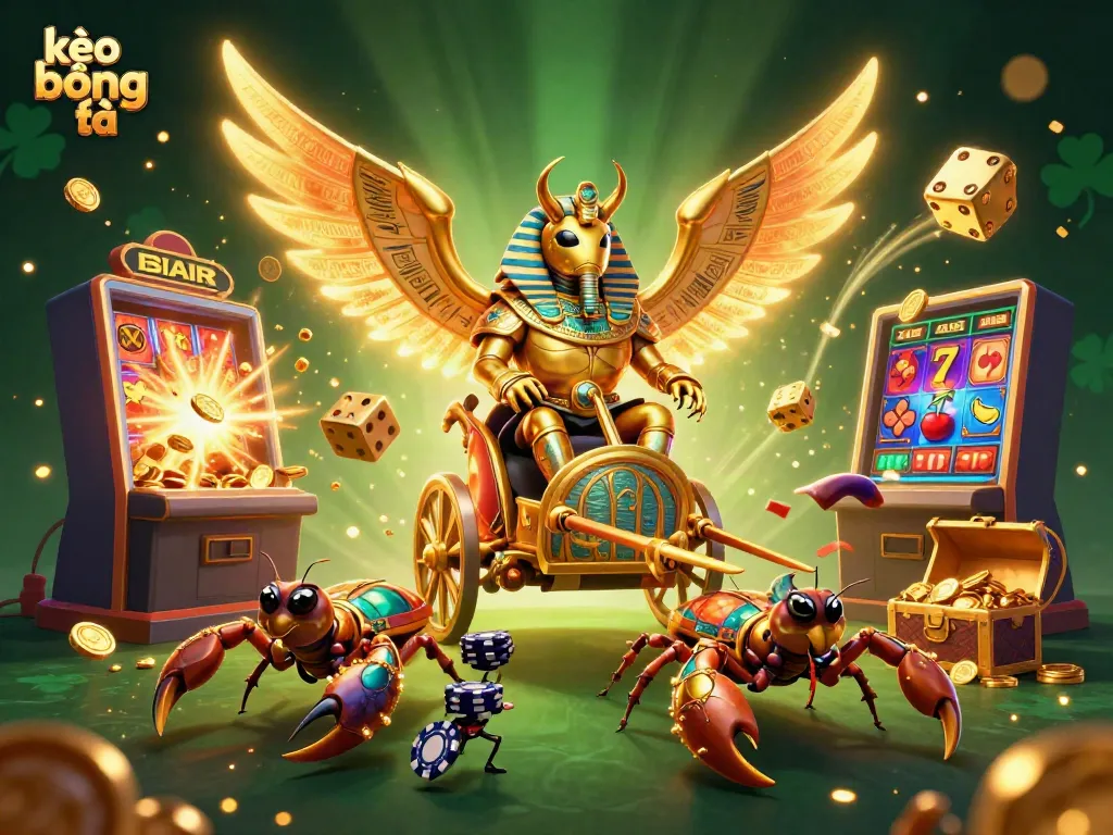 Engage in kèo bóng đá with a dazzling scene of a golden beetle chariot and colorful casino elements.