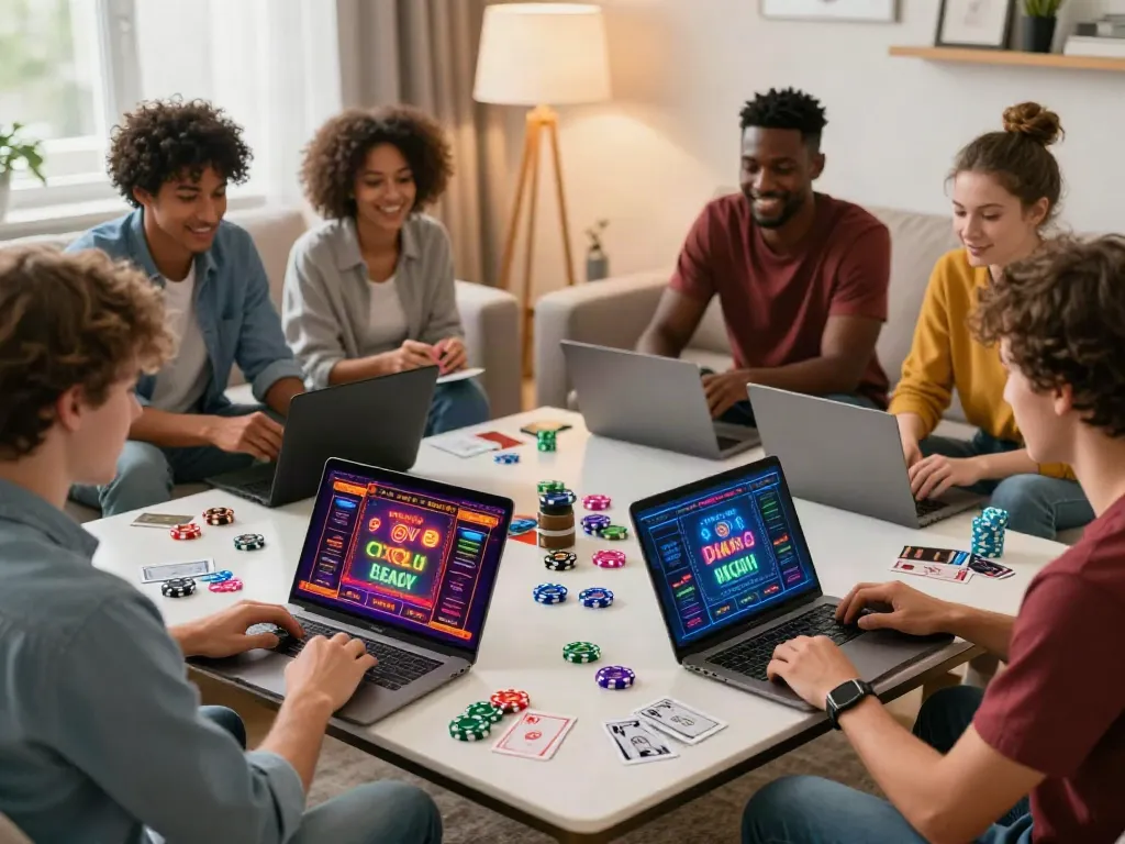 Engaging scene of individuals playing sites not on gamstop from home, showcasing vibrant casino games and cozy atmosphere.