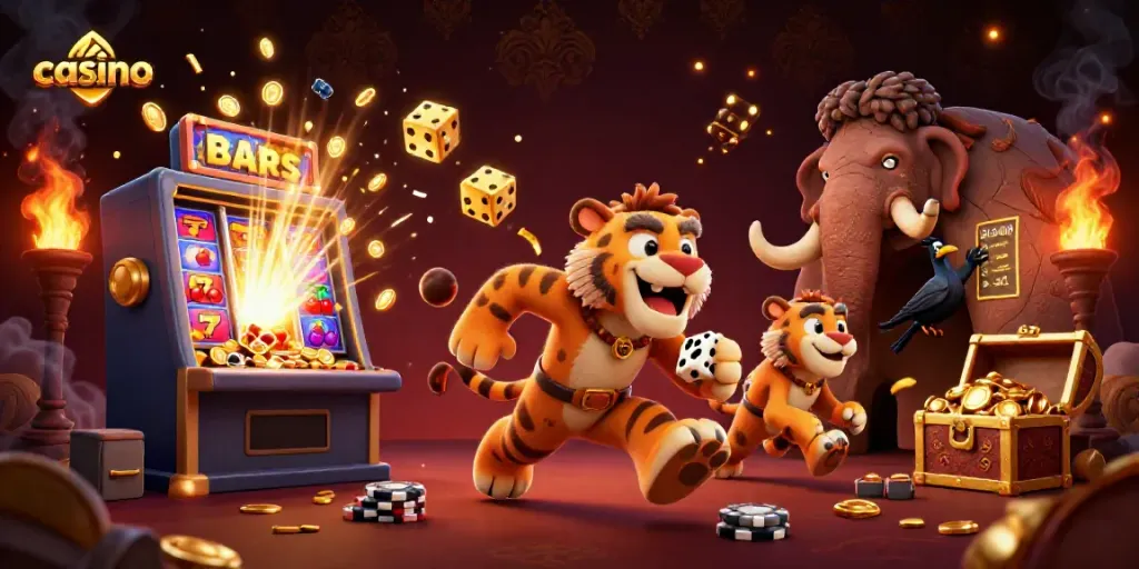 Experience thrilling casino adventures with caveman characters in this vibrant 3D illustration.