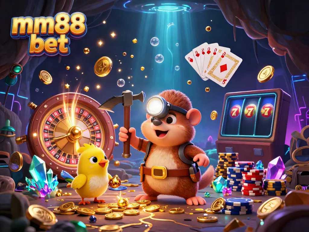 Experience the thrill of mm88 bet with this vibrant 3D treasure hunting scene, showcasing mining elements, casino games, and glowing gems.