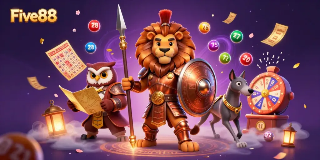 Experience thrilling gaming at Five88, with vibrant lottery balls and a heroic lion leading the action.