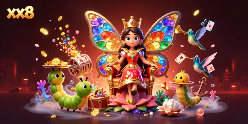 Activate your luck with xx8 slots featuring colorful gems and a magical butterfly queen's domain.