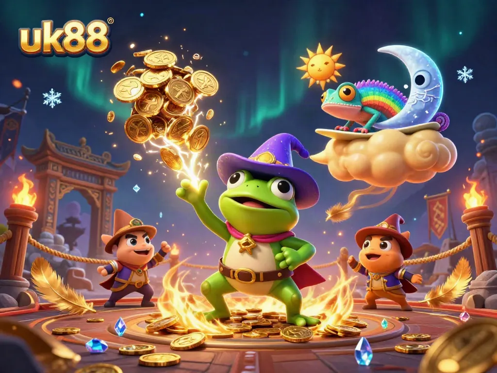 Experience the thrilling atmosphere of uk88 with a vibrant illustration of a magical casino world full of golden coins.