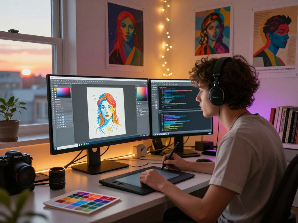 Creative digital art workspace showcasing nsfw ai artistry in a vibrant sunset.