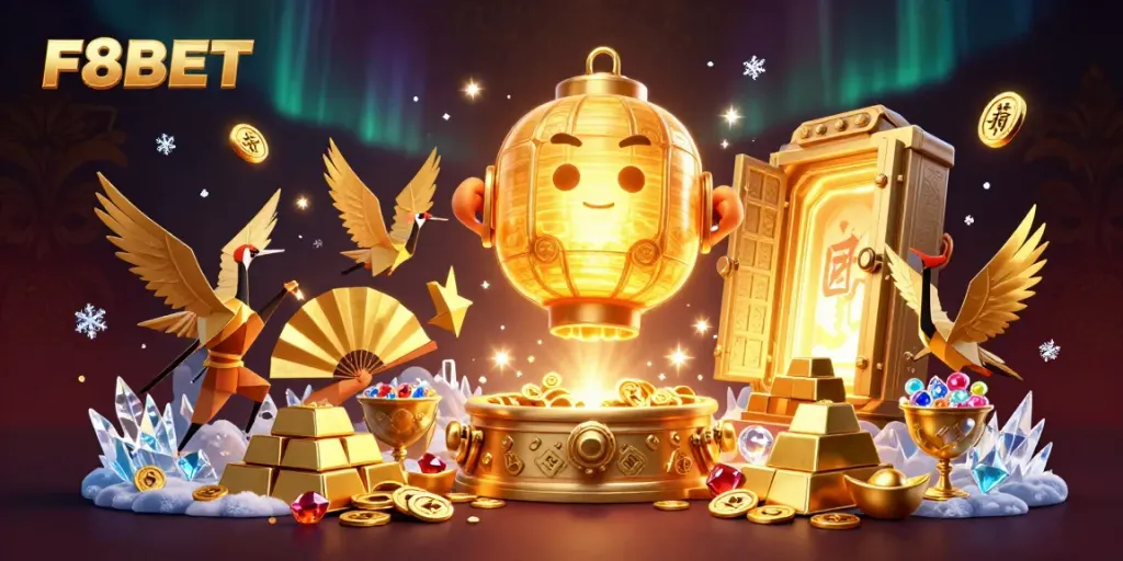 Engage in luck at F8BET with a vibrant, magical night market casino scene featuring a glowing lantern spirit.