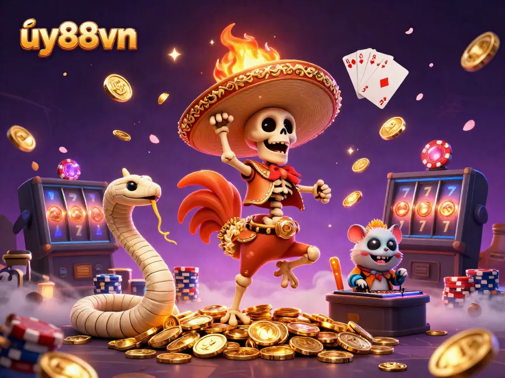 Experience the vibrant energy of uy88vn with lively characters celebrating amidst cascading slots and casino elements.