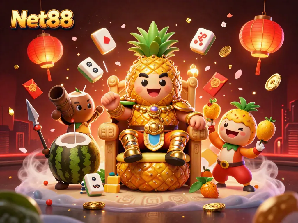 Net88 casino illustration featuring a golden pineapple king, coconut guards, and gaming elements in a vibrant scene.
