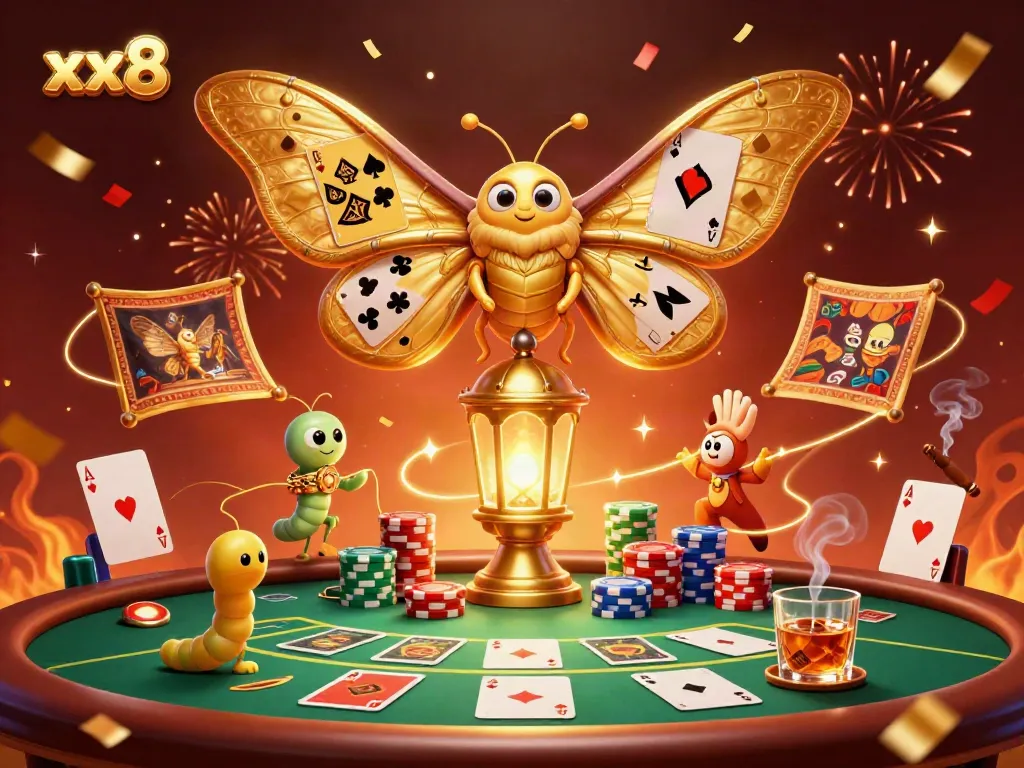 Play casino games dynamically at xx8 with poker elements and vibrant moth illustration.