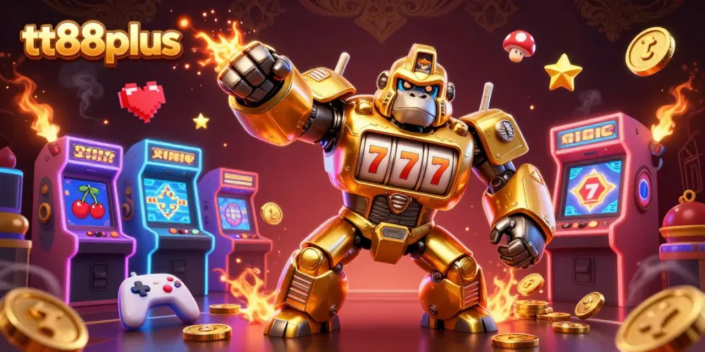 tt88plus showcases a dynamic 3D casino atmosphere with a golden gorilla mech and slot machine elements.