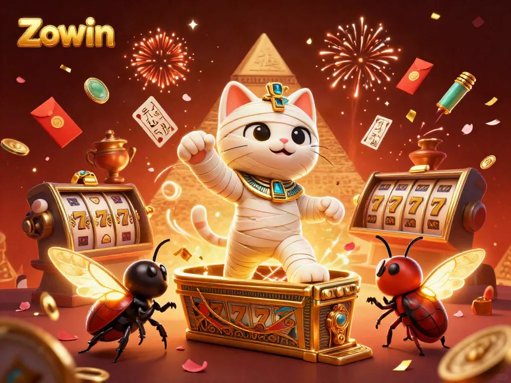 Experience the thrill of Zowin in a vibrant pyramid casino scene with dynamic characters and gaming elements.