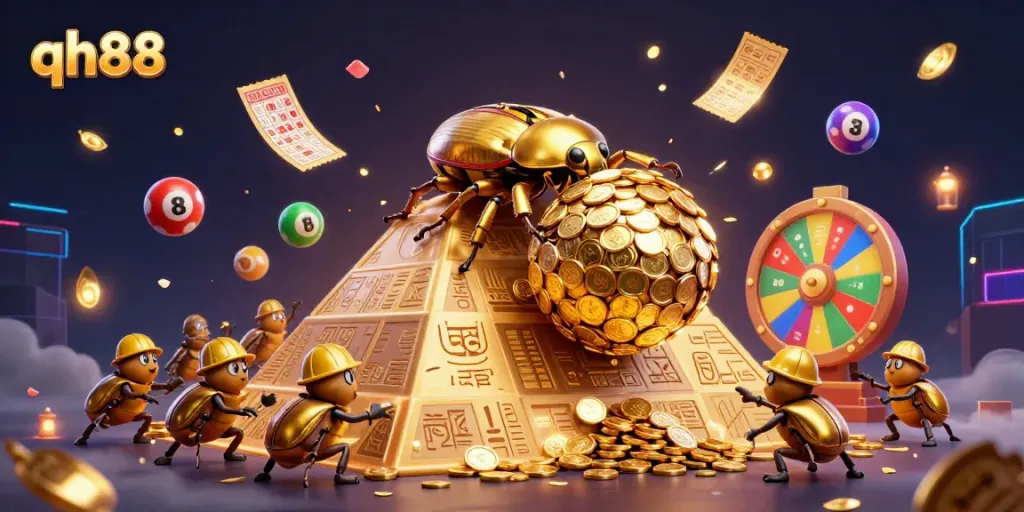 Engage with the dynamic world of qh88, featuring golden beetles amidst vibrant casino elements and colorful lottery balls.