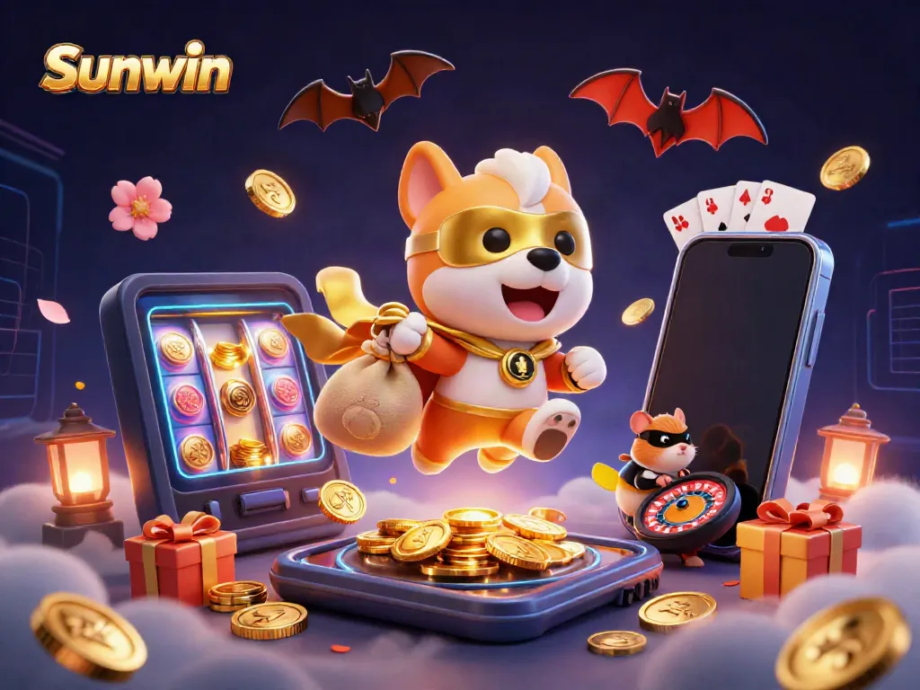 Experience thrilling adventures with Sunwin in this vibrant 3D illustration depicting a superhero dog and magical game elements.