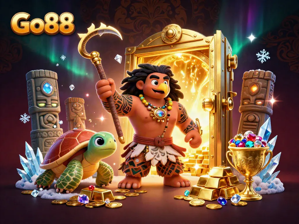 Experience the thrill with Go88 in a vibrant 3D cartoon casino scene filled with treasures.