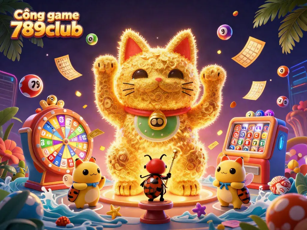 Engage with Cổng game 789club's dynamic visual featuring a lucky cat and vibrant gaming elements.