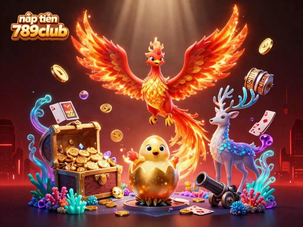 Engage with nạp tiền 789club through vibrant casino-themed illustration featuring a phoenix, chick, and stag.