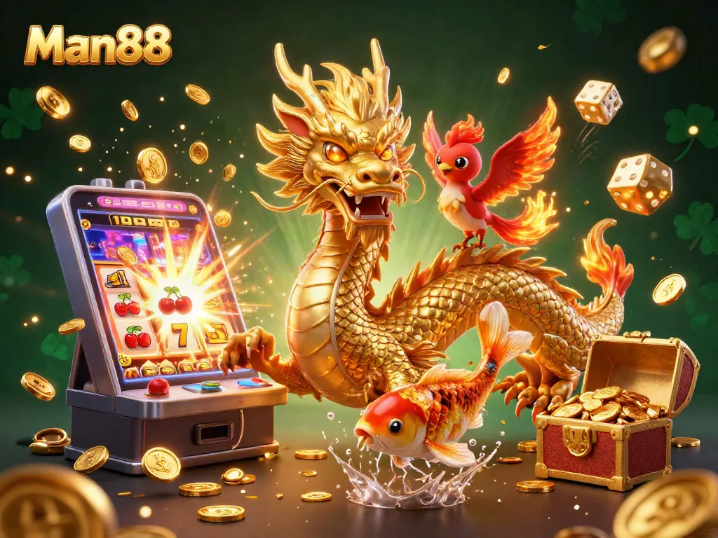 Experience thrilling gaming action with Man88's vibrant dragon and phoenix in a dynamic casino scene.
