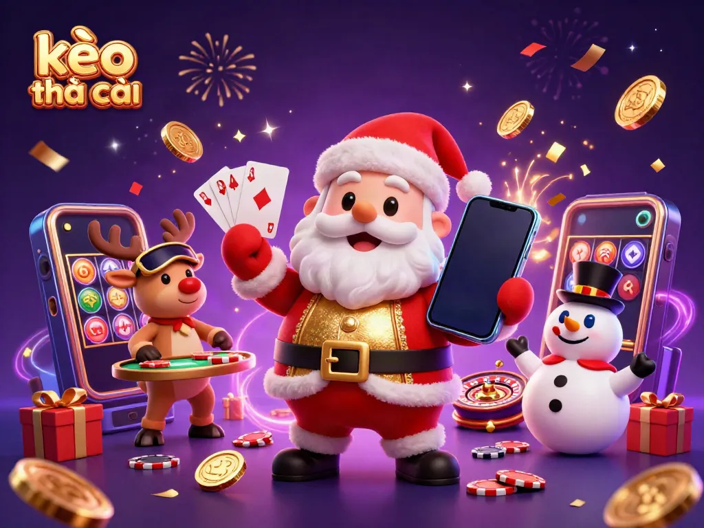 Explore kèo nhà cái with Santa Claus and friends celebrating casino wins in a colorful festive scene.