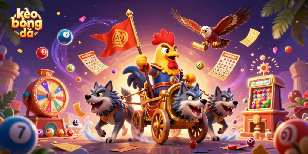 Engage in exciting kèo bóng đá action with a dynamic scene of a rooster warlord and lottery elements.